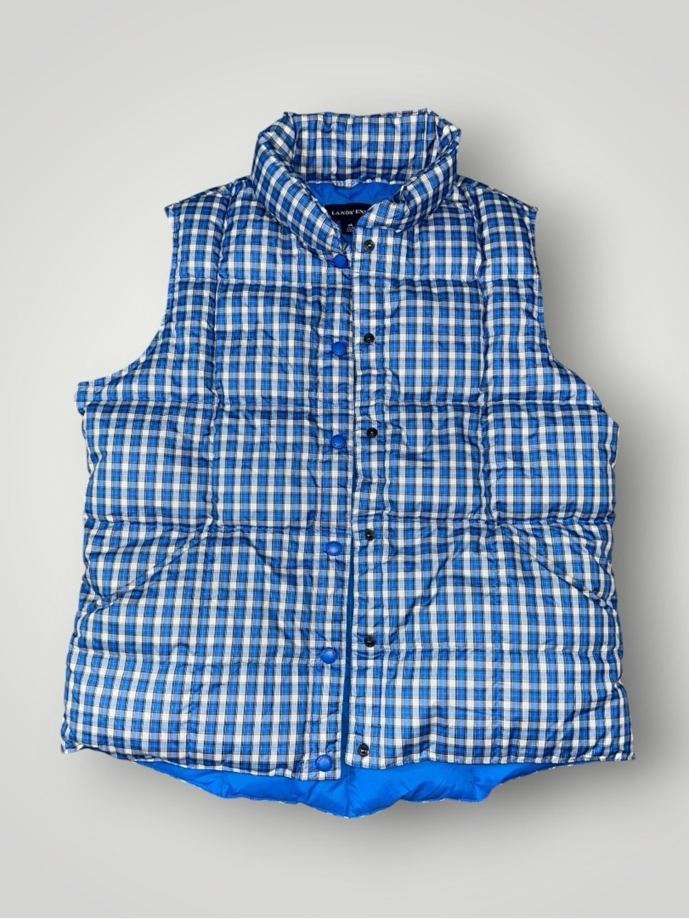 Lands' End Blue and White Plaid Puffer Vest